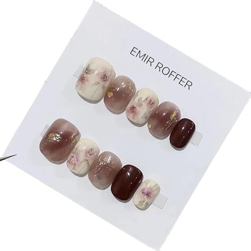 EMIR ROFFER Kunstnägel zum Aufdrücken, rund, handgefertigt, Acryl, Braun mit Rosen-Design und burgunderroten Akzenten, wiederverwendbar, für Damen, Größe XS, rund EMIR ROFFER Kunstnägel zum Aufdrücken, rund, handgefertigt, Acryl, Braun mit Rosen-Design und burgunderroten Akzenten, wiederverwendbar, für Damen, Größe XS, rund von EMIR ROFFER