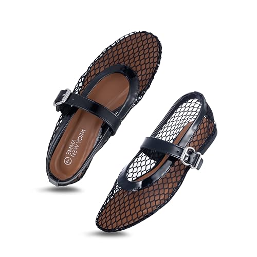 EMMA NEW YORK Damen Mesh Ballerinas - Fischnetz Mary Jane Flats mit verstellbarem Schnallenriemen Atmungsaktive Stilvolle Ballerinas, Schwarz, 38.5 EU von EMMA NEW YORK