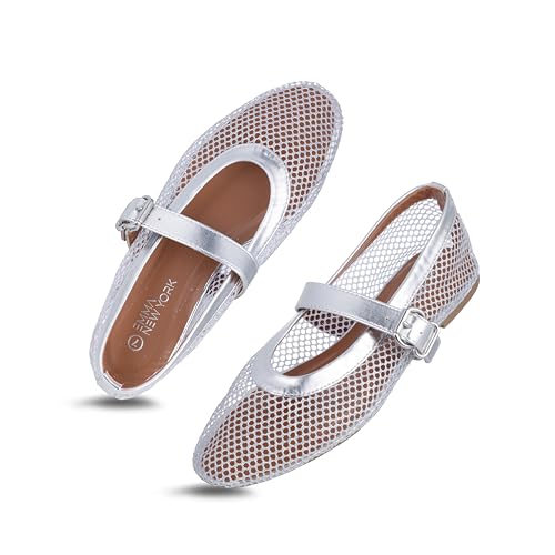 EMMA NEW YORK Damen Mesh Ballerinas - Fischnetz Mary Jane Flats mit verstellbarem Schnallenriemen Atmungsaktive Stilvolle Ballerinas, silber, 38 EU EMMA NEW YORK Damen Mesh Ballerinas - Fischnetz Mary Jane Flats mit verstellbarem Schnallenriemen Atmungsaktive Stilvolle Ballerinas, silber, 38 EU von EMMA NEW YORK