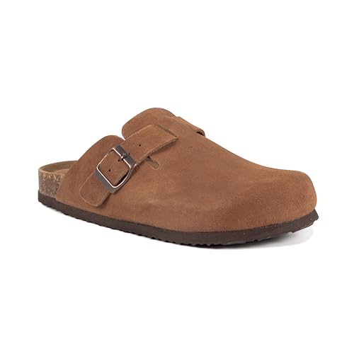 EMMA NEW YORK Damen Wildleder Clogs Slip-On Schnalle Slides Leder Pantoletten Korkfußbett Sandalen Kartoffelschuhe mit Fußgewölbeunterstützung, CAMEL, 40 EU von EMMA NEW YORK