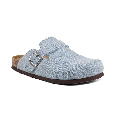 EMMA NEW YORK Damen Wildleder Clogs Slip-On Schnalle Slides Leder Pantoletten Korkfußbett Sandalen Kartoffelschuhe mit Fußgewölbeunterstützung, denim, 36 EU von EMMA NEW YORK