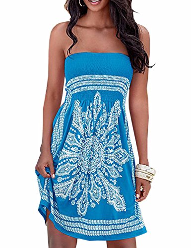 Damen Sommer Bandeau schulterfrei Flora Muster bunt Boho-Stil Casual Mini Strandkleider（BE,S von HAHAEMMA