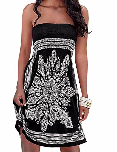 Damen Sommer Bandeau schulterfrei Flora Muster bunt Boho-Stil Casual Mini Strandkleider（BL,M von HAHAEMMA