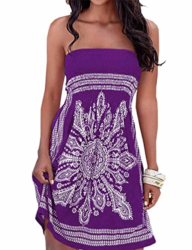 Damen Sommer Bandeau schulterfrei Flora Muster bunt Boho-Stil Casual Mini Strandkleider（PE,M von HAHAEMMA