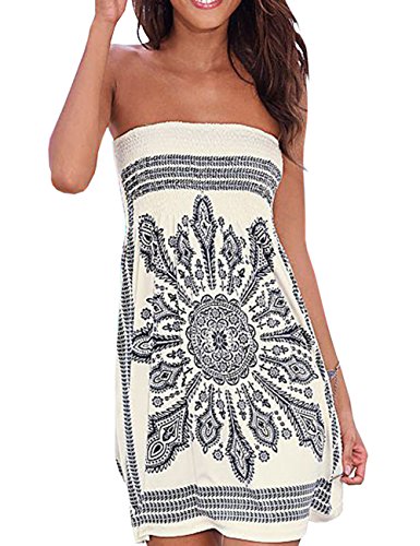 Damen Sommer Bandeau schulterfrei Flora Muster bunt Boho-Stil Casual Mini Strandkleider（WH,M von HAHAEMMA