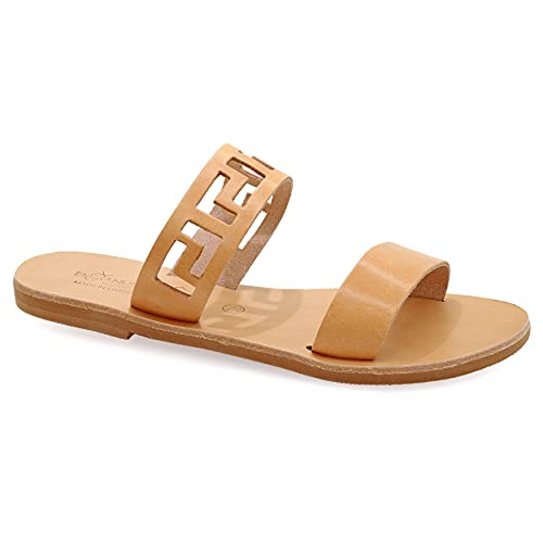 36 Beige Emmanuela Antike griechische handgefertigte flache Ledersandalen mit Mäandern, Qualität Riemchen Sommerschuhen für Frauen, Boho Chic Slide Sandalen mit offene Zehen von EMMANUELA handcrafted for you