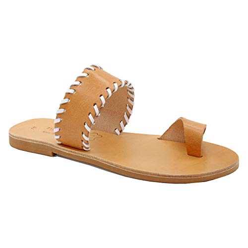 36 Beige-Weiß Emmanuela griechische Leder bestickte Zehenringsandalen, hochwertige handgefertigte Slide Sommerschuhen für Damen, Boho Chic offene Zehen Sandalen von EMMANUELA handcrafted for you