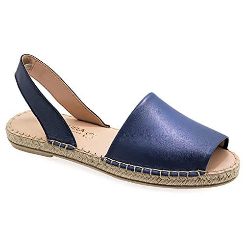 36 Blau Emmanuela Leder Espadrilles, niedrigen Keil Peep Toe Sommerschuhe für Damen, Hochwertige Slingback Espadrilles vollständig handgefertigt und handgenäht in Griechenland von EMMANUELA handcrafted for you