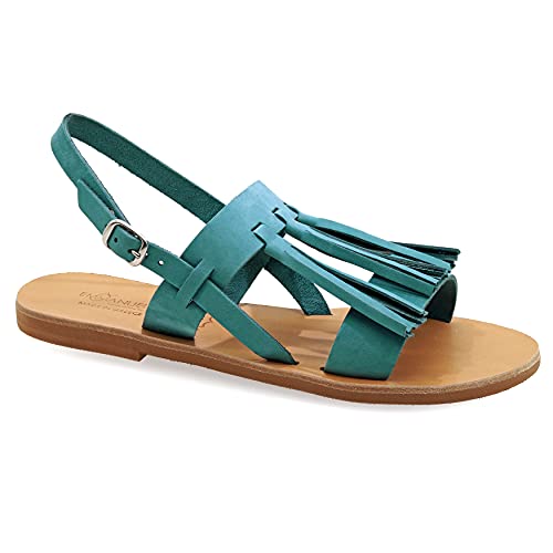 36 Blaugrün Emmanuela Griechische handgefertigte flache Ledersandalen mit Quasten, hochwertige Sommerschuhe für Damen mit verstellbarem Schnallenriemen, Slingback Sandalen mit offene Zehen von EMMANUELA handcrafted for you