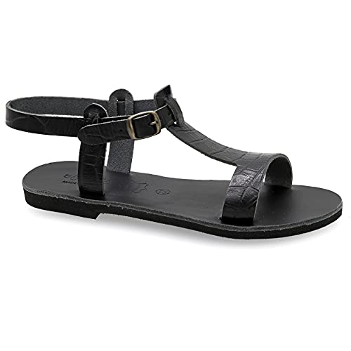 36 Krokodil Schwarz Emmanuela Griechische handgefertigte flache Ledersandalen mit verstellbarem Schnallenriemen, Sommerschuhe mit Knöchelriemen für Damen, Slingback Sandalen mit offenen Zehen von EMMANUELA handcrafted for you