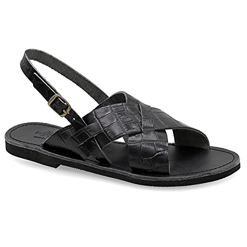 36 Krokodil Schwarz Emmanuela Griechische handgefertigte flache Ledersandalen mit verstellbarem Schnallenriemen, hochwertige Sommerschuhe mit Knöchelriemen für Damen, Sandalen mit offenem Zehen von EMMANUELA handcrafted for you