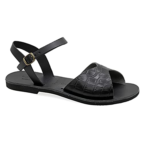 36 Krokodil Schwarz Emmanuela Griechische handgefertigte flache sandalen aus Leder mit verstellbarem Schnallenriemen, Sommerschuhe mit Knöchelriemen für Damen, Slingback Sandalen mit offenen Zehen von EMMANUELA handcrafted for you