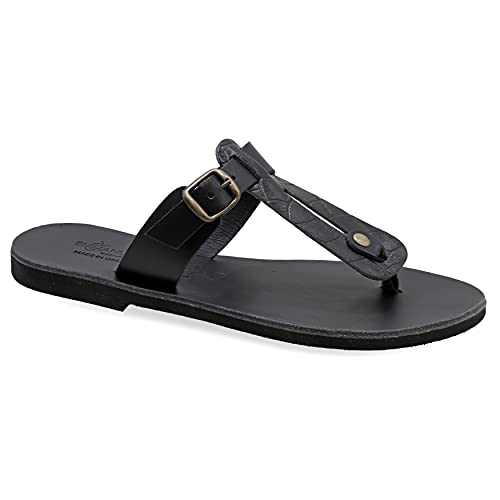 36 Krokodil Schwarz Emmanuela Griechische handgefertigte geteilte Zehensandalen aus Leder mit verstellbarem Schnallenriemen, flache Sommerschuhe für Frauen, Slide Sandalen mit offenen Zehen von EMMANUELA handcrafted for you