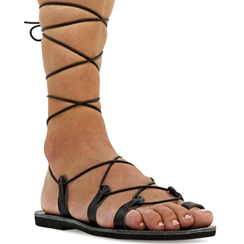 36 Krokodil Schwarz Emmanuela Kalbshohe sandalen aus Leder im antiken griechischen Stil, handgefertigte Gladiator Bindesandalen, hochwertige Riemchen sommerschuhe, Boho Chic Toe Ring Schnürsandalen von EMMANUELA handcrafted for you