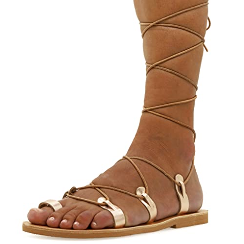 36 Roségold Emmanuela Kalbshohe sandalen aus Leder im antiken griechischen Stil, handgefertigte Gladiator Bindesandalen, hochwertige Riemchen sommerschuhe, Boho Chic Toe Ring Schnürsandalen von EMMANUELA handcrafted for you