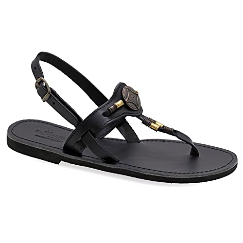 36 Schwarz Emmanuela Antike griechische Sandalen aus Leder mit verstellbarem Schnallenriemen, hochwertige Sommerschuhe mit Knöchelriemen für Damen, Boho Chic Sandalen mit Metallelementen von EMMANUELA handcrafted for you