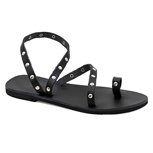 36 Schwarz Emmanuela Antike griechische flache Zehenring sandalen aus Leder mit Metallnieten, hochwertige handgefertigte Sommerschuhe mit Knöchelriemen für Damen, offene Zehensandalen von EMMANUELA handcrafted for you