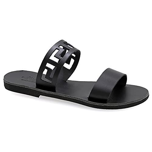 36 Schwarz Emmanuela Antike griechische handgefertigte flache Ledersandalen mit Mäandern, Qualität Riemchen Sommerschuhen für Frauen, Boho Chic Slide Sandalen mit offene Zehen von EMMANUELA handcrafted for you