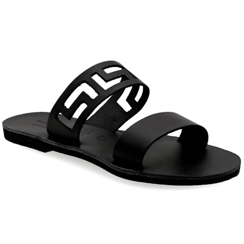 36 Schwarz Emmanuela Antike griechische handgefertigte flache Ledersandalen mit Mäandern, Qualität Riemchen Sommerschuhen für Frauen, Boho Chic Slide Sandalen mit offene Zehen von EMMANUELA handcrafted for you