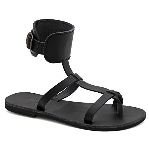 36 Schwarz Emmanuela Antike griechische handgefertigte flache Sandalen aus Leder mit Knöchelriemen, Sandalen mit Fußfesseln und verstellbarer Schnalle, Riemchensandalen mit offenen Zehen von EMMANUELA handcrafted for you