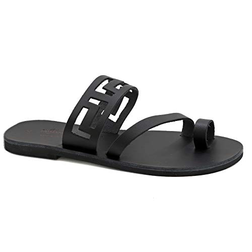 36 Schwarz Emmanuela Antike griechische handgefertigte flache Sandalen aus Leder mit Mäandern, hochwertige Riemchen Sommerschuhen für Frauen, Slide Sandalen mit offene Zehen von EMMANUELA handcrafted for you