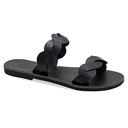 36 Schwarz Emmanuela Antike griechische handgefertigte flache Sandalen aus Leder mit geflochtenen Trägern, hochwertige Sommerschuhe für Damen, Open Toe Slide Sandalen, Boho Chic Schuhe von EMMANUELA handcrafted for you