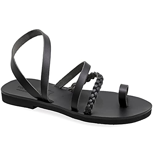 36 Schwarz Emmanuela Sandalen im antiken griechischen Stil, handgefertigte flache Sandalen aus Leder mit Zehenring, hochwertige Sandalen, Sommerschuhe mit Fußfesseln für Damen von EMMANUELA handcrafted for you