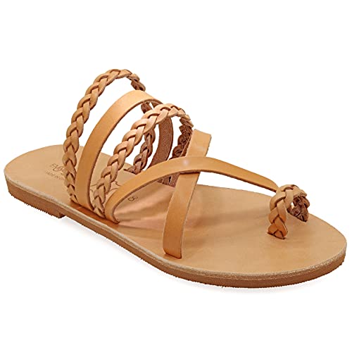 37 Beige Emmanuela Greek Style Sandalen mit geflochtenen Teilen, hochwertige handgemachte Leder Zehenring flache Sandalen, Slide on Sommerschuhe für Damen, Boho Chic Slider Sandalen von EMMANUELA handcrafted for you