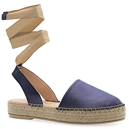 37 Blau Emmanuela Leder Espadrilles, Mittlere Keilschuhe, Schnür-Sommerschuhe für Frauen, hochwertige Espadrilles, vollständig handgefertigt und handgenäht in Griechenland von EMMANUELA handcrafted for you