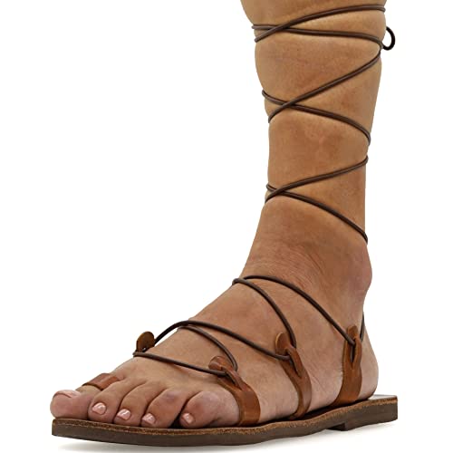 37 Hellbraun Emmanuela Kalbshohe sandalen aus Leder im antiken griechischen Stil, handgefertigte Gladiator Bindesandalen, hochwertige Riemchen sommerschuhe, Boho Chic Toe Ring Schnürsandalen von EMMANUELA handcrafted for you