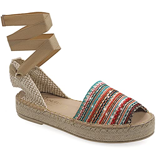 37 Mehrfarbig 2 Emmanuela Bunte Espadrilles aus gestricktem Stoff, Mittelhohe Boho Chic Schnür Schuhe, hoch taillierte Peep Toe Espadrilles, Sommerschuhe handgefertigt und handgenäht in Griechenland von EMMANUELA handcrafted for you