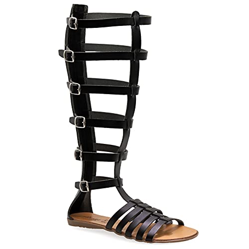 37 Schwarz Emmanuela Altgriechische handgefertigte Gladiatoren Sandalen aus Leder, kniehohe Sandalen mit hinterem Reißverschluss am Schaft, flache Sommerschuhe mit Riemchen für Damen von EMMANUELA handcrafted for you