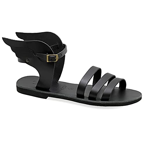 37 Schwarz Emmanuela Antike griechische Sandalen aus Leder mit verstellbarem Schnallenriemen, hochwertige handgefertigte Sommerschuhe für Damen, Riemchen Sandalen mit Flügeln von EMMANUELA handcrafted for you