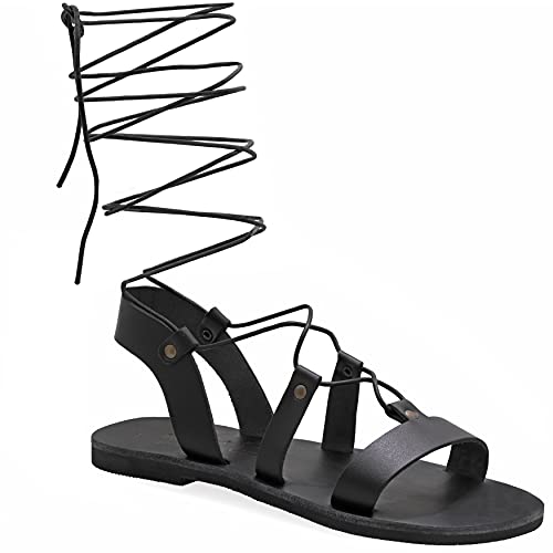 37 Schwarz Emmanuela Knieshohe Ledersandalen im antiken griechischen Stil, handgefertigte flache Gladiator sandalen mit offenen Zehen, hochwertige Sommerschuhe zum Binden für Frauen von EMMANUELA handcrafted for you