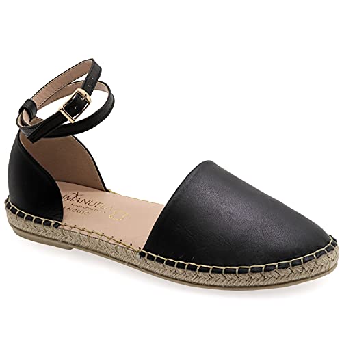 37 Schwarz Emmanuela Leder Espadrilles, Sommerschuhe mit niedrigem Keilriem für Damen, Hochwertige Espadrilles mit verstellbarem Schnallenriemen, handgefertigt und handgenäht in Griechenland von EMMANUELA handcrafted for you