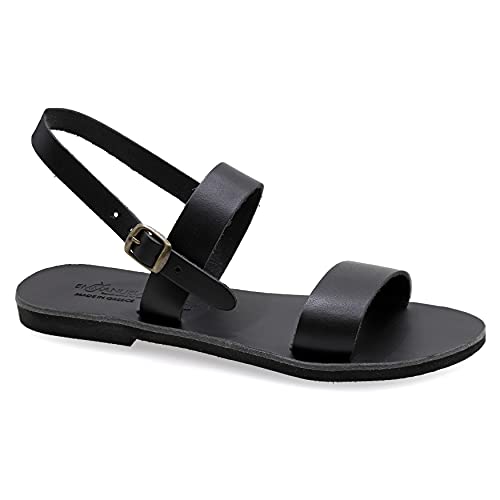 37 Schwarz Emmanuela griechische handgefertigte flache Ledersandalen, hochwertige Sommerschuhe für Damen mit verstellbarem Schnallenriemen, Riemchen Slingback Sandalen mit offenen Zehen von EMMANUELA handcrafted for you