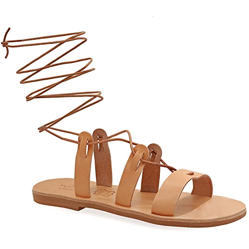 38 Beige Emmanuela Kalbshohe Sandalen aus Leder im antiken griechischen Stil, handgefertigte Gladiator Bindesandalen, hochwertige Riemchensommerschuhe Schnürsandalen mit offenen Zehen von EMMANUELA handcrafted for you