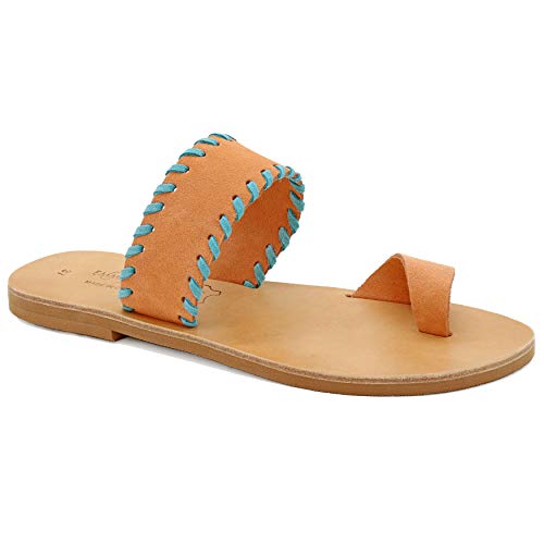 38 Lachs-Türkis Emmanuela griechische Wildleder bestickte Zehenringsandalen, hochwertige handgefertigte Slide Sommerschuhen für Damen, Boho Chic offene Zehen Sandalen von EMMANUELA handcrafted for you