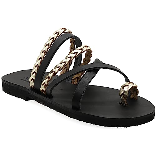 38 Schwarz Emmanuela Greek Style Sandalen mit geflochtenen Gold Teilen, hochwertige handgemachte Leder Zehenring flache Sandalen, Slide on Sommerschuhe für Damen, Boho Chic Slider Sandalen von EMMANUELA handcrafted for you