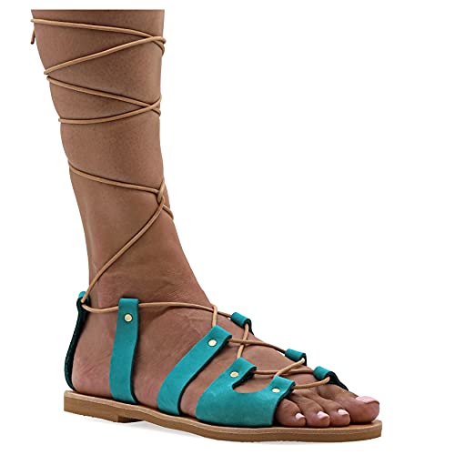 38 Türkis Emmanuela antike griechische Gladiatorensandalen, handgefertigte flache Ledersandalen mit offenen Zehen und Schnürsenkeln, hochwertige Sommerschuhe zum Binden für Frauen von EMMANUELA handcrafted for you