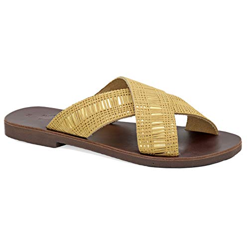 39 Gold Emmanuela Antike griechische flache Sandalen aus Leder, hochwertige handgefertigte Slide on X Strap Sommerschuhe für Damen, Slide Sandalen mit offenen Zehen von EMMANUELA handcrafted for you