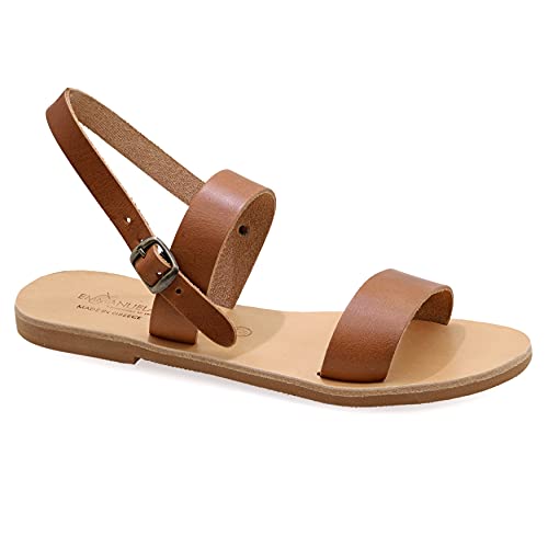 39 Hellbraun Emmanuela griechische handgefertigte flache Ledersandalen, hochwertige Sommerschuhe für Damen mit verstellbarem Schnallenriemen, Riemchen Slingback Sandalen mit offenen Zehen von EMMANUELA handcrafted for you