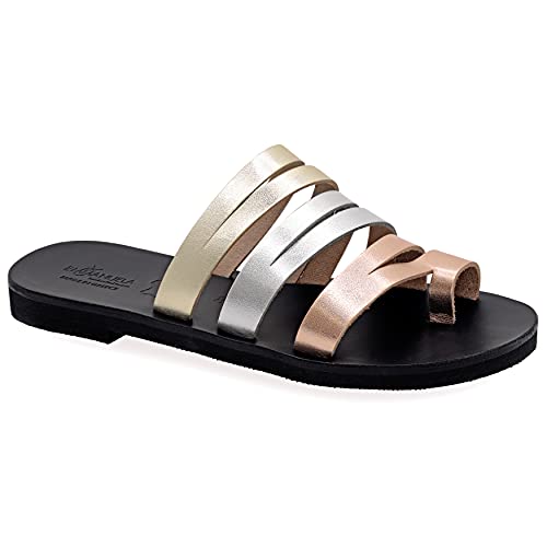 39 Mehrfarbig 1 Emmanuela Sandalen im antiken griechischen Stil, handgefertigte Leder Zehenring Riemchensandalen, hochwertige Slide Sommerschuhe, Boho Chic Sliders Roségold Silber Bronze Türkis weiß von EMMANUELA handcrafted for you