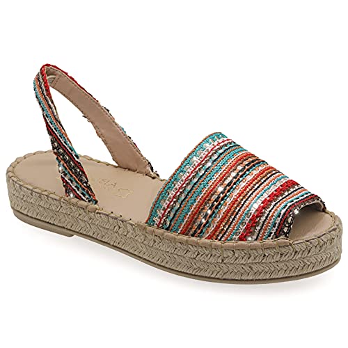 39 Mehrfarbig 2 Emmanuela Bunte Espadrilles aus gestricktem Stoff, mittelhohe Boho Chic Slingback Sommerschuhe, hochwertige Slip-on Peep-Toe Espadrilles, handgefertigt und handgenäht in Griechenland von EMMANUELA handcrafted for you