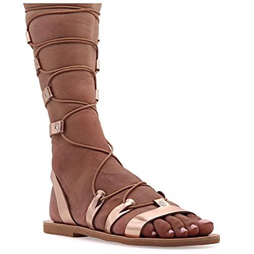 39 Roségold Emmanuela Kalbshohe Ledersandalen im antiken griechischen Stil, handgefertigte flache Gladiator sandalen mit offenen Zehen, hochwertige Riemchen Sommerschuhe für Frauen von EMMANUELA handcrafted for you