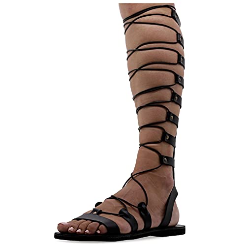 39 Schwarz Emmanuela Knieshohe Ledersandalen im antiken griechischen Stil, handgefertigte flache Gladiator sandalen mit offenen Zehen, hochwertige Sommerschuhe zum Binden für Frauen von EMMANUELA handcrafted for you