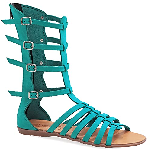 39 Türkis Emmanuela antike griechische Hand handgefertigte Gladiator Sandalen aus Leder, Kalb hohe Sandalen mit Reißverschluss hinten am Schaft, Riemchen flache Sommerschuhe für Frauen von EMMANUELA handcrafted for you