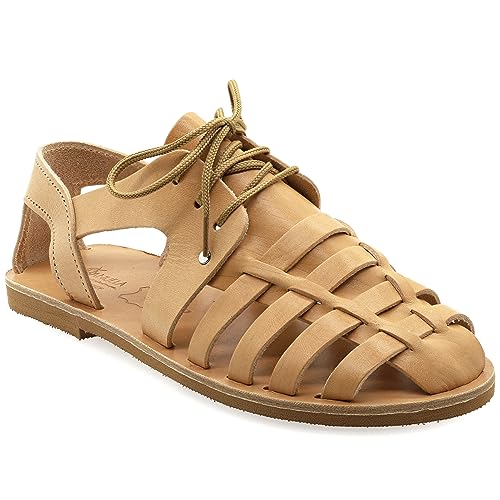 40 Beige Emmanuela Fischer-Sandalen aus Leder im antiken griechischen Stil für Damen mit Schnürsenkeln, handgefertigte Leder-Käfig-Schnürsandalen für Damen, hochwertige Sommer-Riemchenschuhe von EMMANUELA handcrafted for you