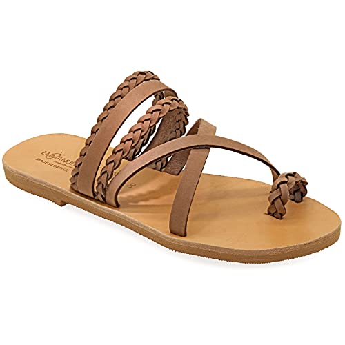 40 Dunkelbraun Emmanuela Greek Style Sandalen mit geflochtenen Teilen, hochwertige handgemachte Leder Zehenring flache Sandalen, Slide on Sommerschuhe für Damen, Boho Chic Slider Sandalen von EMMANUELA handcrafted for you