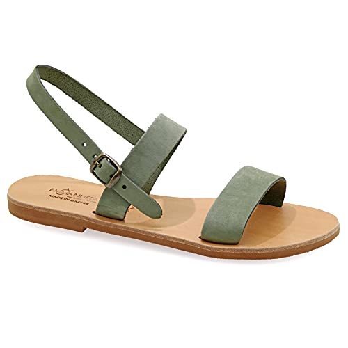 40 Grün Emmanuela griechische handgefertigte flache Ledersandalen, hochwertige Sommerschuhe für Damen mit verstellbarem Schnallenriemen, Riemchen Slingback Sandalen mit offenen Zehen von EMMANUELA handcrafted for you